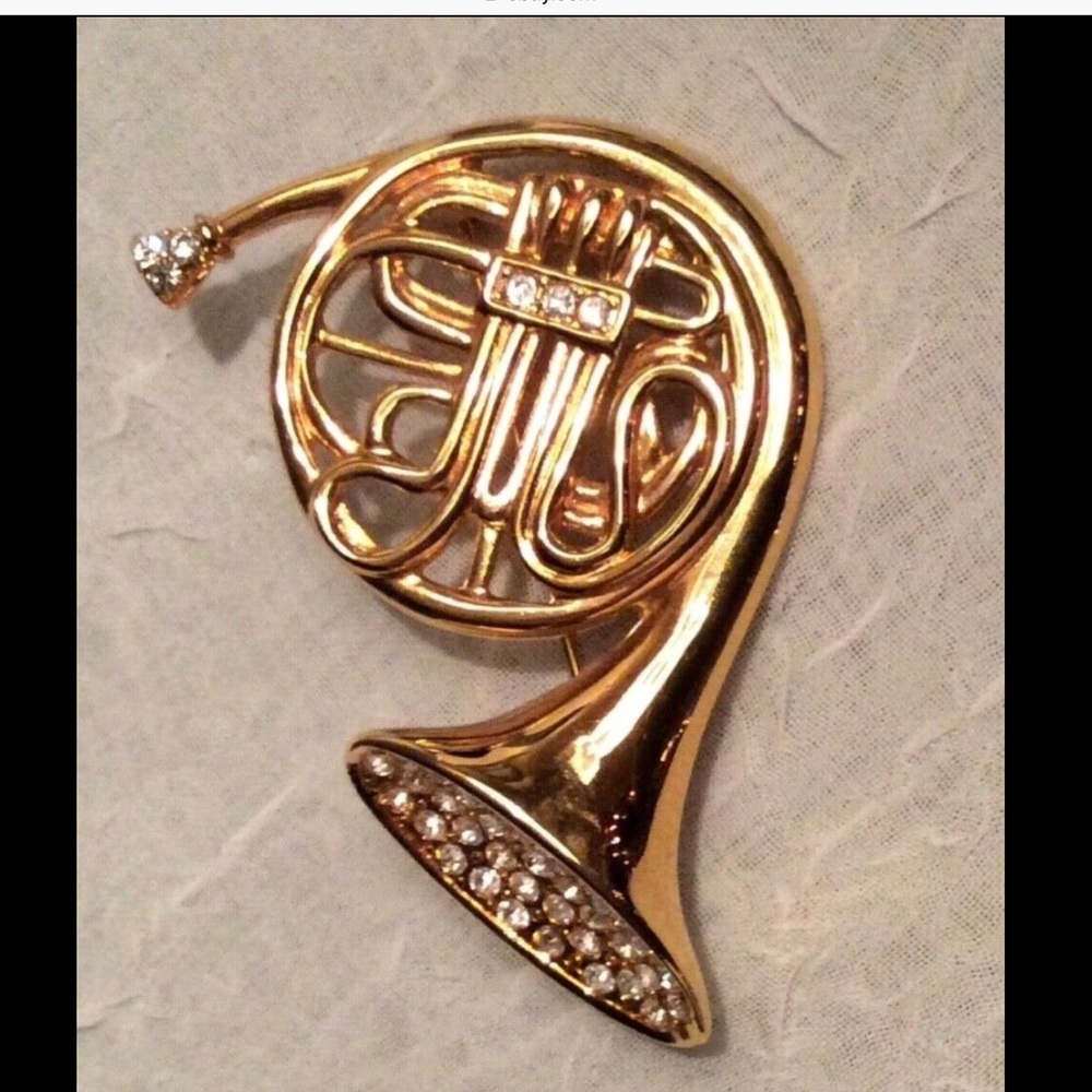 🎄 VINTAGE KJL FRENCH HORN CRYSTAL BROOCH GOLDTONE